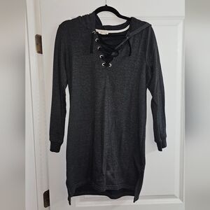 Charcoal Gray Lace-Up Hoodie Extra Long Hooded Shirt